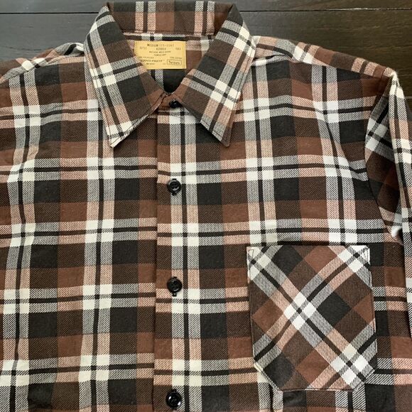 Vintage Sears Perma Prest Flannel Button Shirt Mens Medium Plaid Brown 80s - Picture 3 of 12